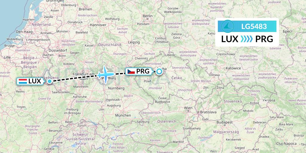 LG5483 Luxair Flight Map: Luxembourg to Prague