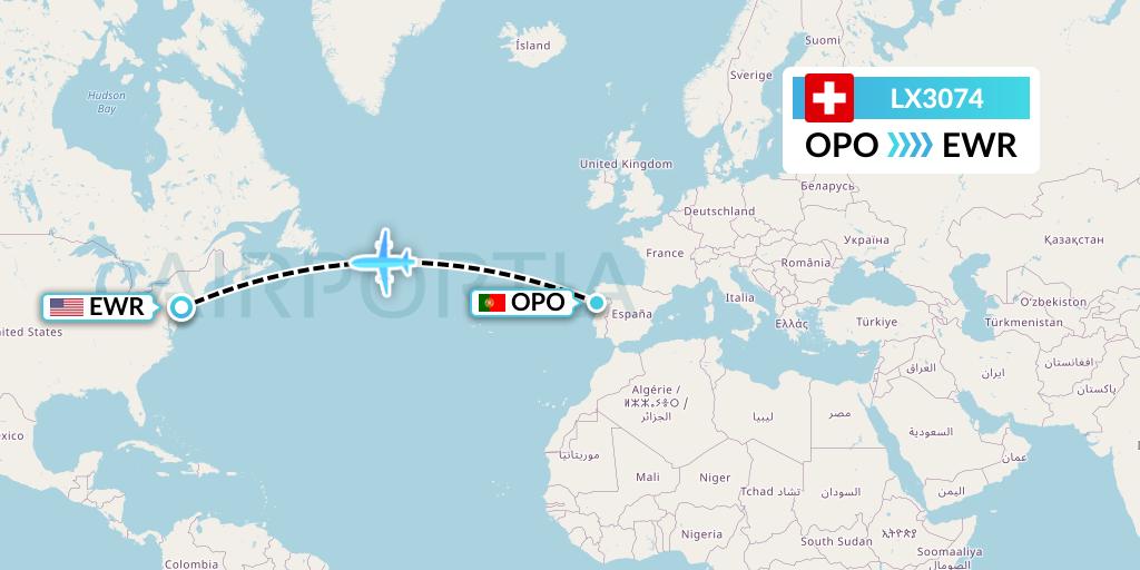 LX3074 Swiss Flight Map: Porto to New York