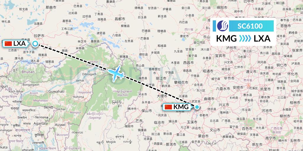 SC6100 Shandong Airlines Flight Map: Kunming to Lhasa