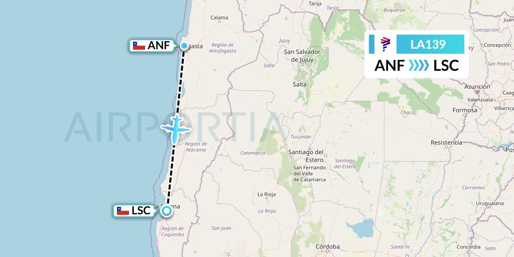 LA139 LATAM Airlines Flight Map: Antofagasta to La Serena