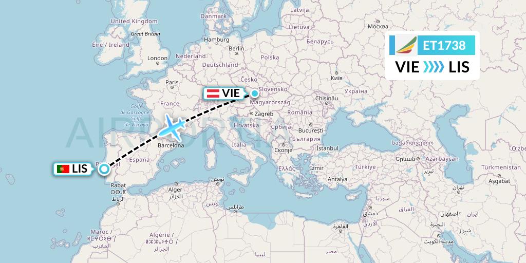 ET1738 Ethiopian Airlines Flight Map: Vienna to Lisbon