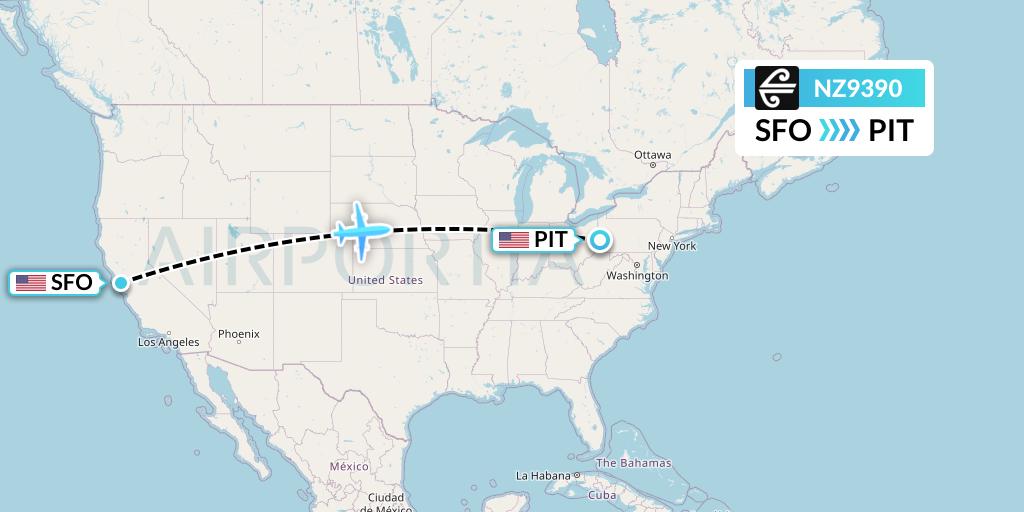 NZ9390 Air New Zealand Flight Map: San Francisco to Pittsburgh