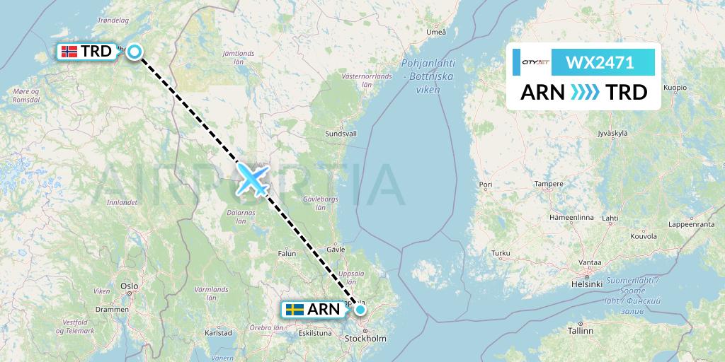 WX2471 Cityjet Flight Map: Stockholm to Trondheim