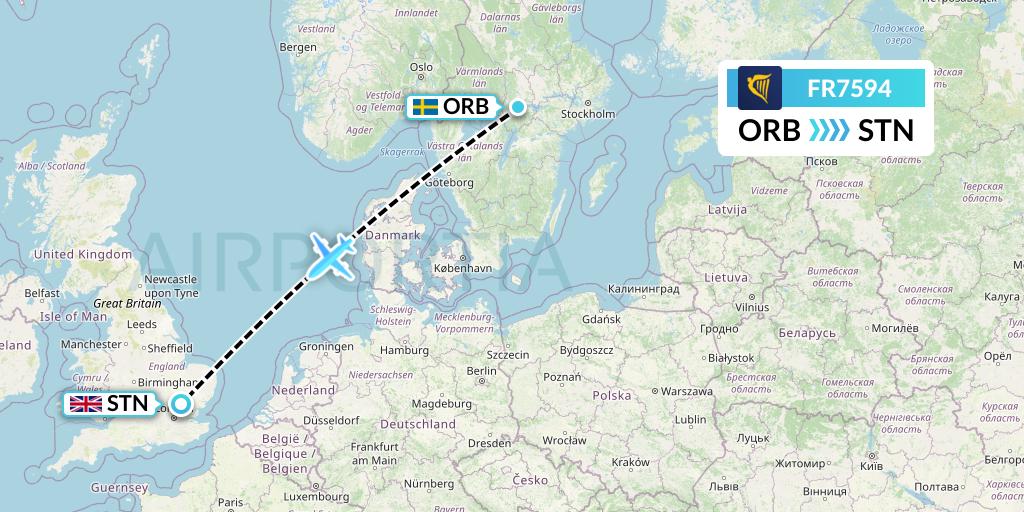 FR7594 Ryanair Flight Map: Orebro to London