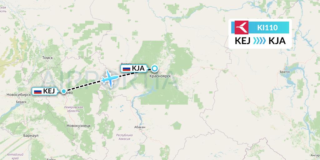 KI110 Krasavia Flight Map: Kemerovo to Krasnoyarsk