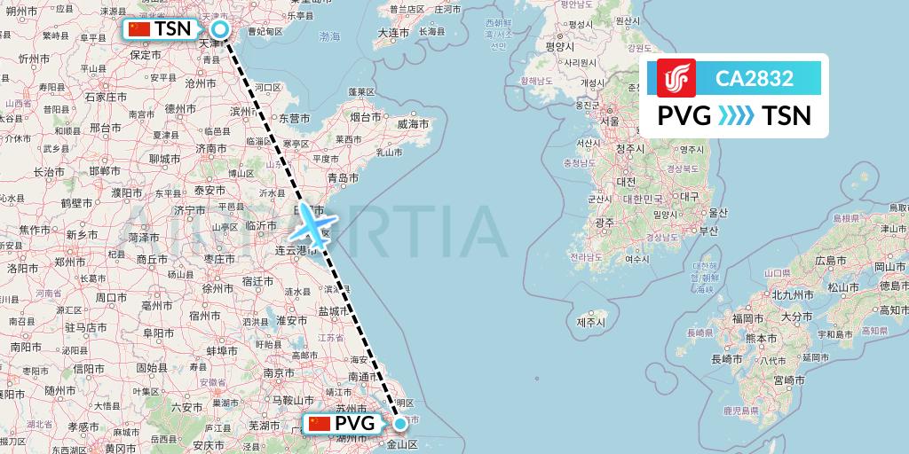 CA2832 Air China Flight Map: Shanghai to Tianjin