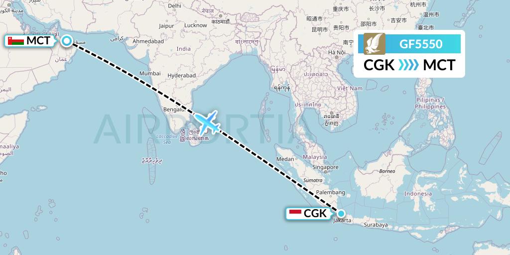 GF5550 Gulf Air Flight Map: Jakarta to Muscat