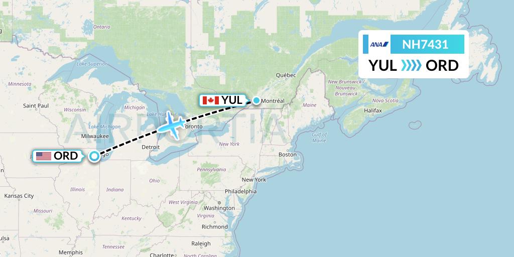 NH7431 All Nippon Airways Flight Map: Montreal to Chicago