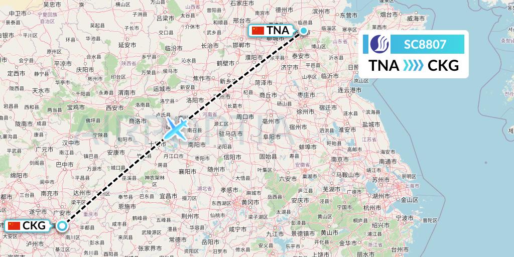 SC8807 Shandong Airlines Flight Map: Jinan to Chongqing