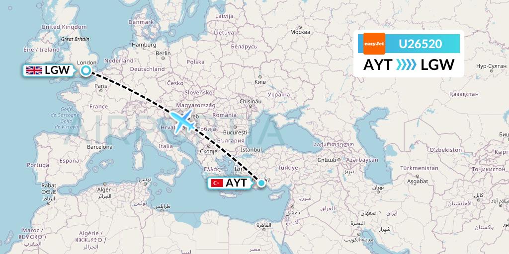 U26520 EasyJet Flight Map: Antalya to London
