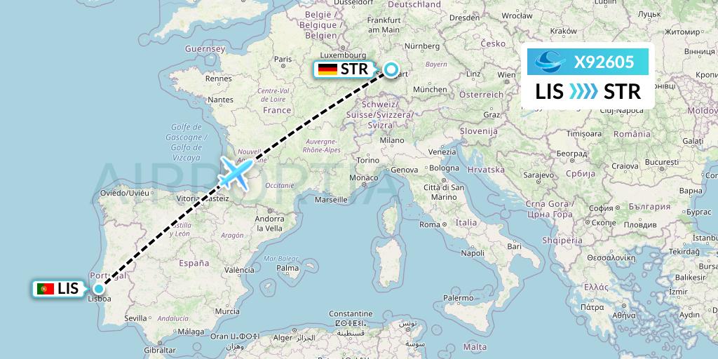 X92605 Avion Express Flight Map: Lisbon to Stuttgart