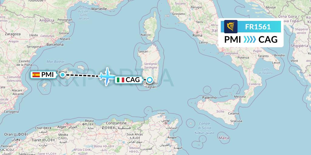 FR1561 Ryanair Flight Map: Palma de Mallorca to Cagliari