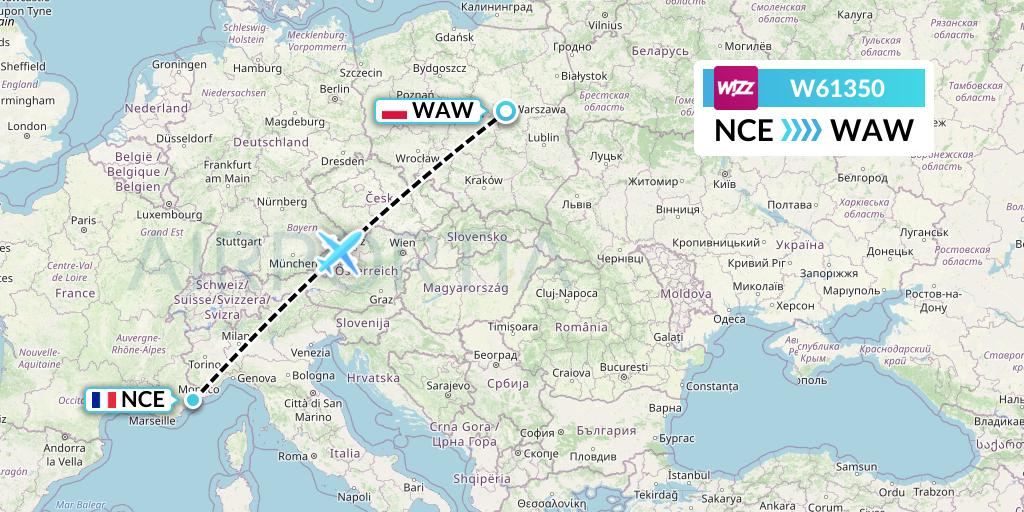 W61350 Wizz Air Flight Map: Nice to Warsaw