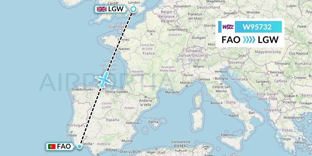 W95732 Wizz Air UK Flight Map: Faro to London