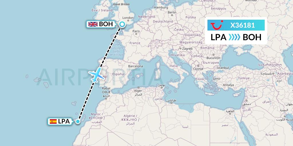 X36181 TUI fly Germany Flight Map: Las Palmas to Bournemouth