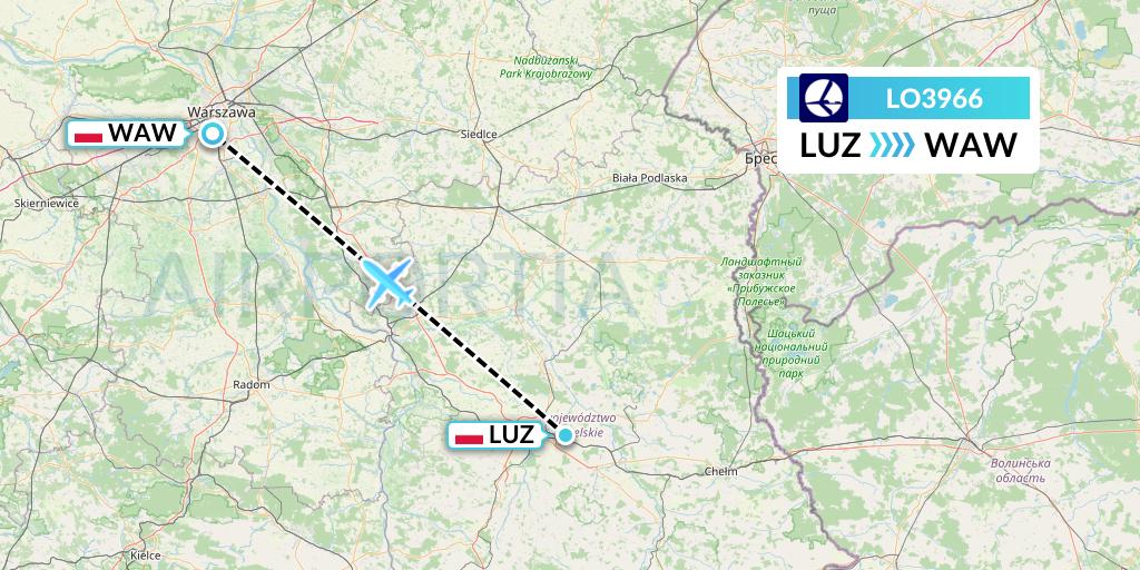 LO3966 LOT Flight Map: Lublin to Warsaw