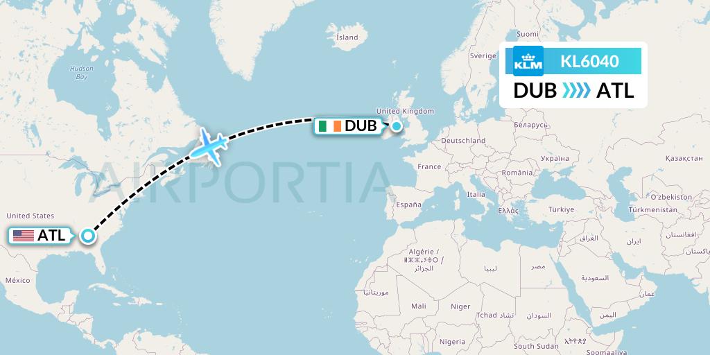 KL6040 KLM Flight Map: Dublin to Atlanta