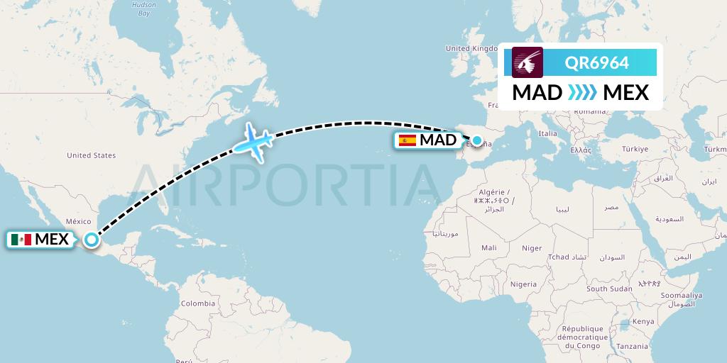 QR6964 Qatar Airways Flight Map: Madrid to Mexico City
