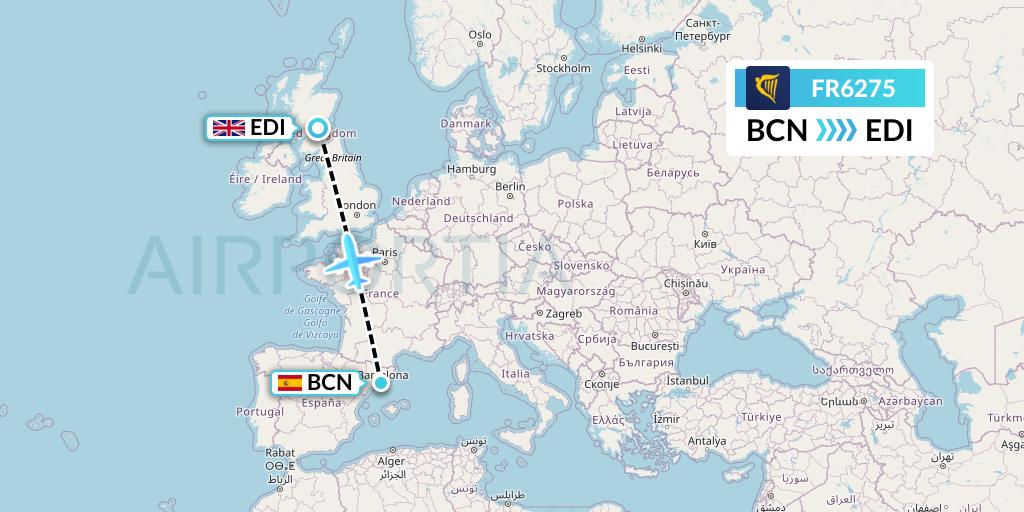 FR6275 Ryanair Flight Map: Barcelona to Edinburgh