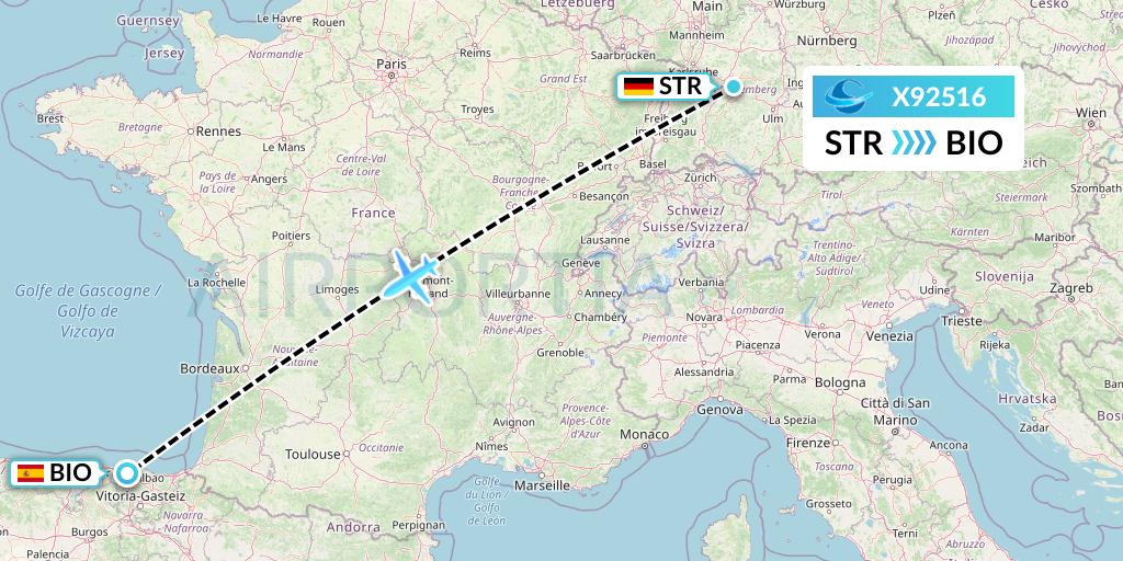 X92516 Avion Express Flight Map: Stuttgart to Bilbao
