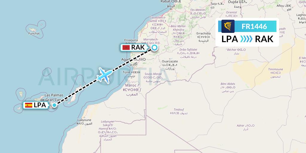 FR1446 Ryanair Flight Map: Las Palmas to Marrakesh 