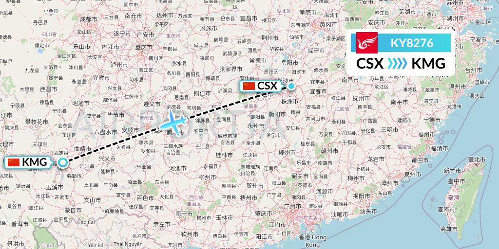 KY8276 Kunming Airlines Flight Map: Changsha to Kunming