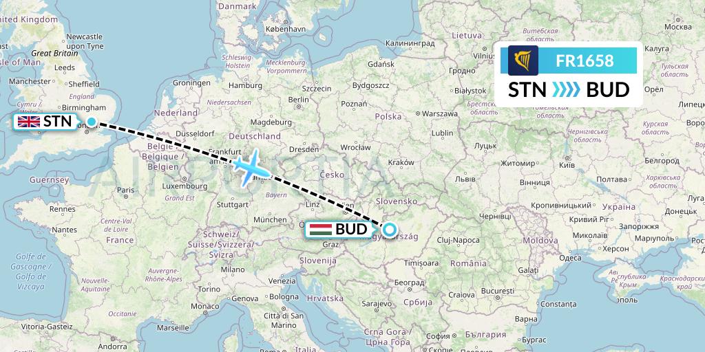 FR1658 Ryanair Flight Map: London to Budapest
