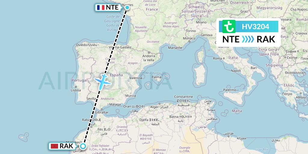 HV3204 Transavia Flight Map: Nantes to Marrakesh 