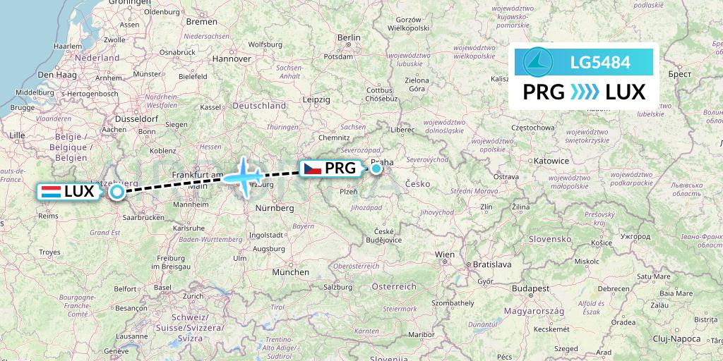 LG5484 Luxair Flight Map: Prague to Luxembourg