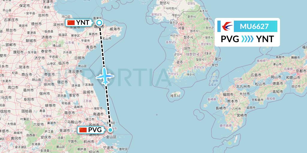 MU6627 China Eastern Airlines Flight Map: Shanghai to Yantai