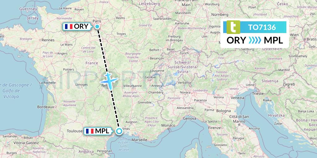 TO7136 Transavia France Flight Map: Paris to Montpellier