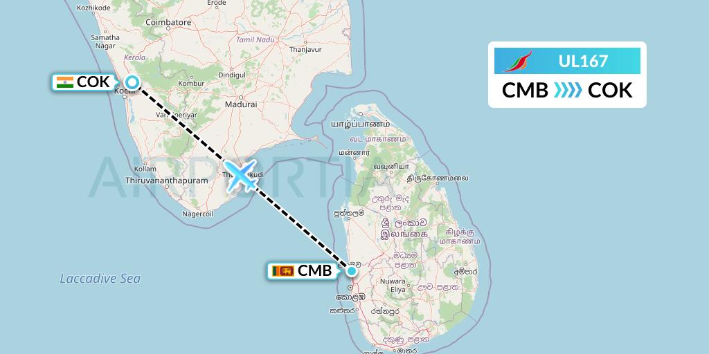 UL167 SriLankan Airlines Flight Map: Colombo to Cochin