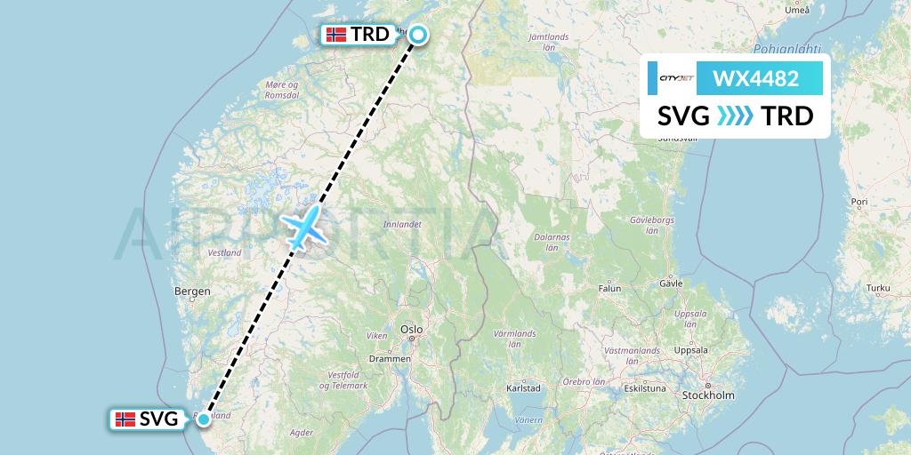 WX4482 Cityjet Flight Map: Stavanger to Trondheim