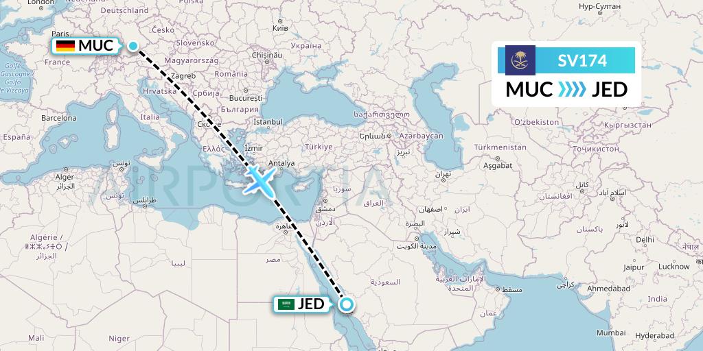 SV174 Saudi Arabian Airlines Flight Map: Munich to Jeddah