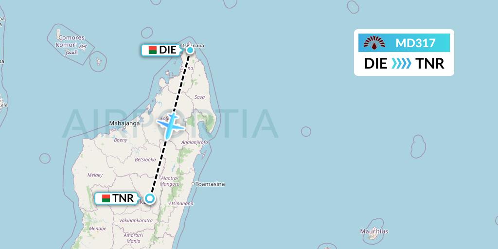 MD317 Air Madagascar Flight Map: Madagascar to Antananarivo