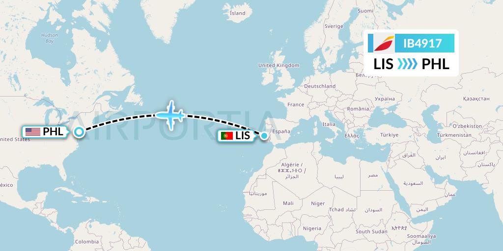 IB4917 Iberia Flight Map: Lisbon to Philadelphia