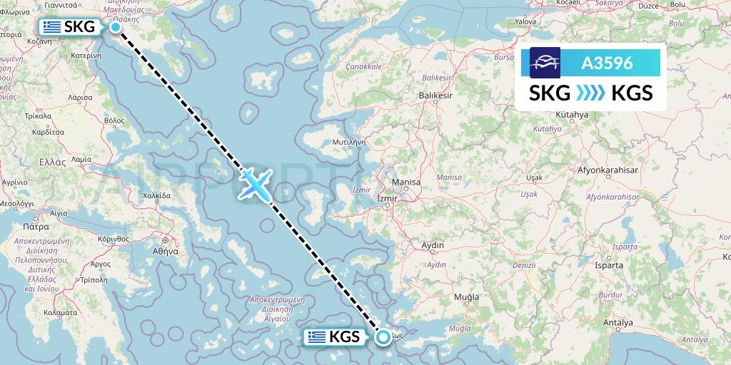 A3596 Aegean Airlines Flight Map: Thessaloniki to Kos