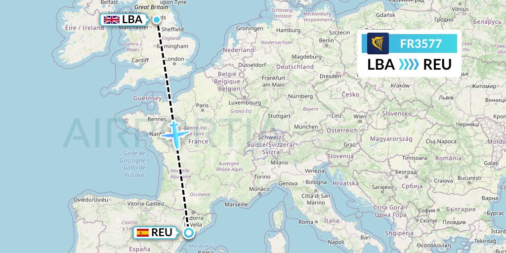 FR3577 Ryanair Flight Map: Leeds to Reus