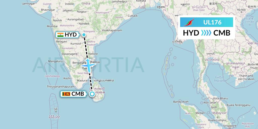 UL176 SriLankan Airlines Flight Map: Hyderabad to Colombo
