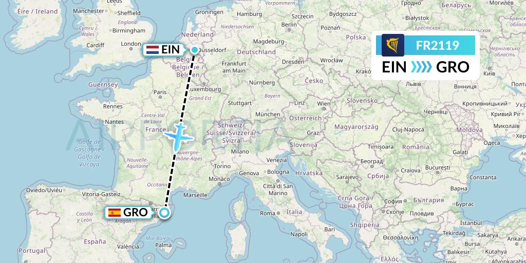 FR2119 Ryanair Flight Map: Eindhoven to Girona