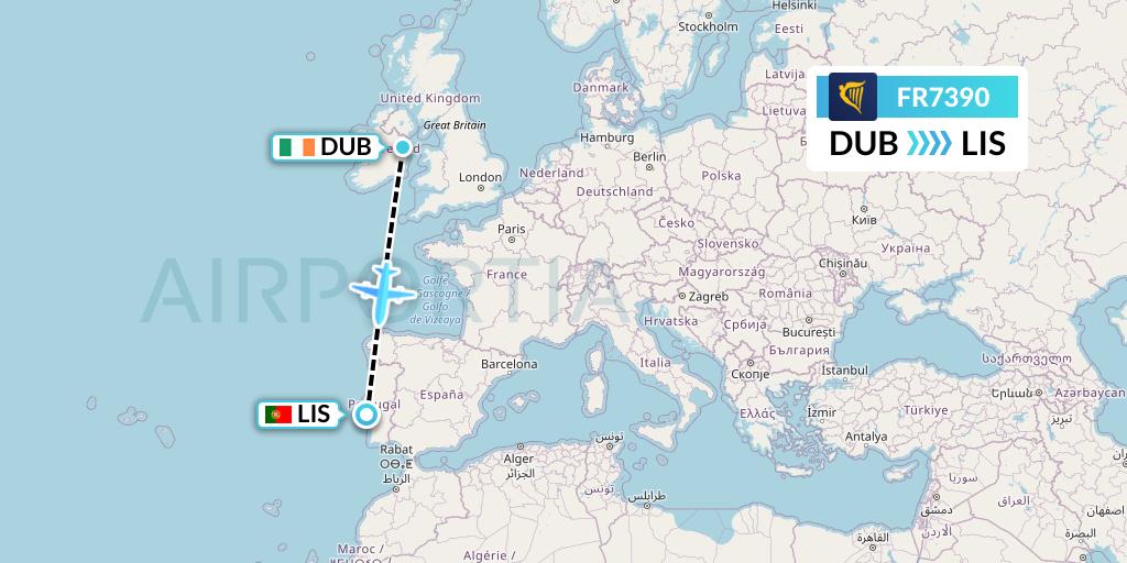 FR7390 Ryanair Flight Map: Dublin to Lisbon
