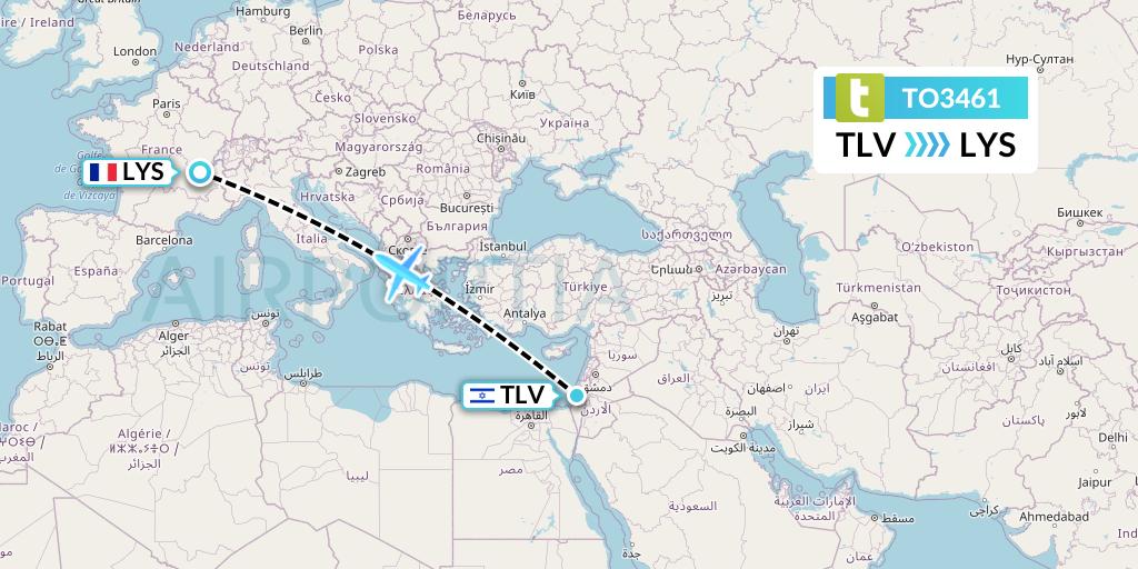 TO3461 Transavia France Flight Map: Tel Aviv to Lyon