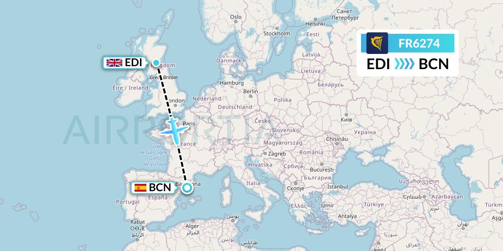 FR6274 Ryanair Flight Map: Edinburgh to Barcelona