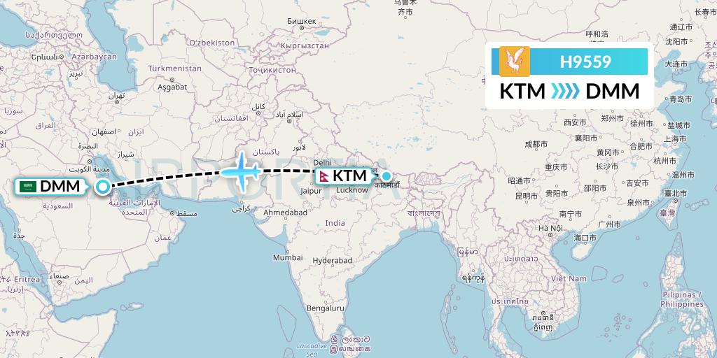 H9559 Himalaya Airlines Flight Map: Kathmandu to Dammam