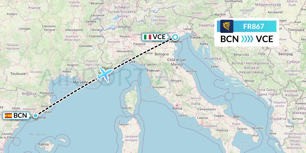 FR867 Ryanair Flight Map: Barcelona to Venice