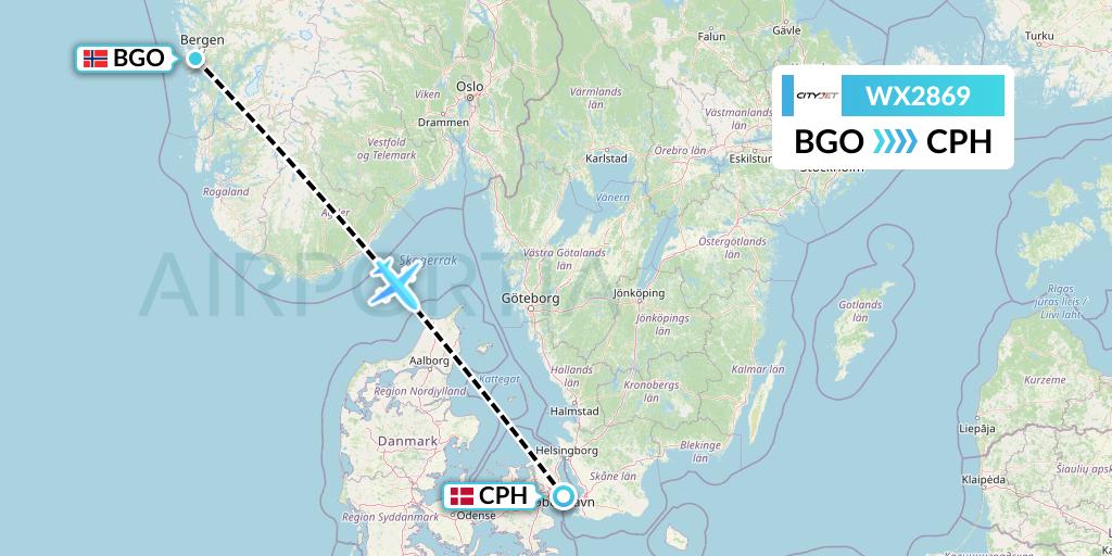 WX2869 Cityjet Flight Map: Bergen to Copenhagen