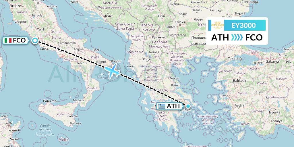 EY3000 Etihad Airways Flight Map: Athens to Rome