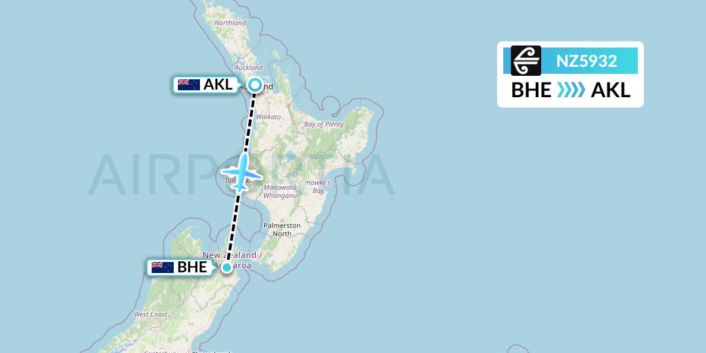NZ5932 Air New Zealand Flight Map: Blenheim to Auckland