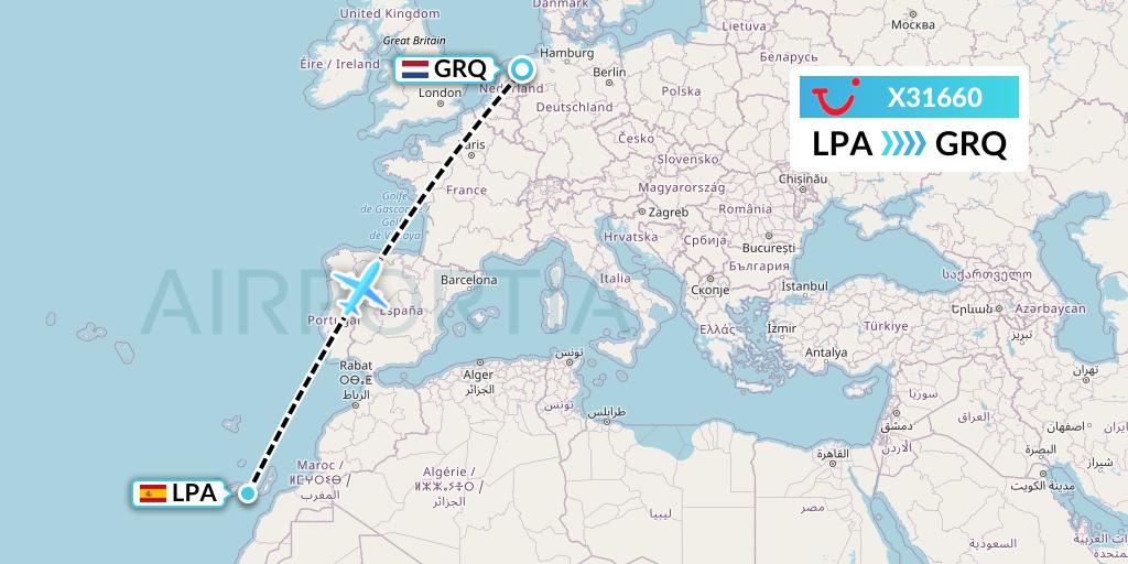 X31660 TUI fly Germany Flight Map: Las Palmas to Groningen