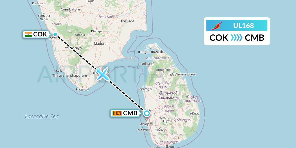 UL168 SriLankan Airlines Flight Map: Cochin to Colombo